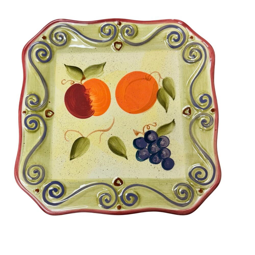 Tabletops Unlimited Medici Fruit Motif w. Scrolls 11" Large Rim Dinner Plate Red